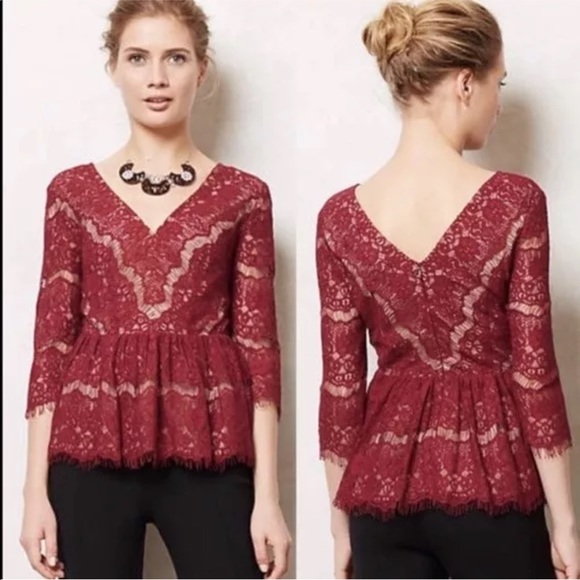 Anthropologie Wine Red Lace Peplum Top - Picture 1 of 7